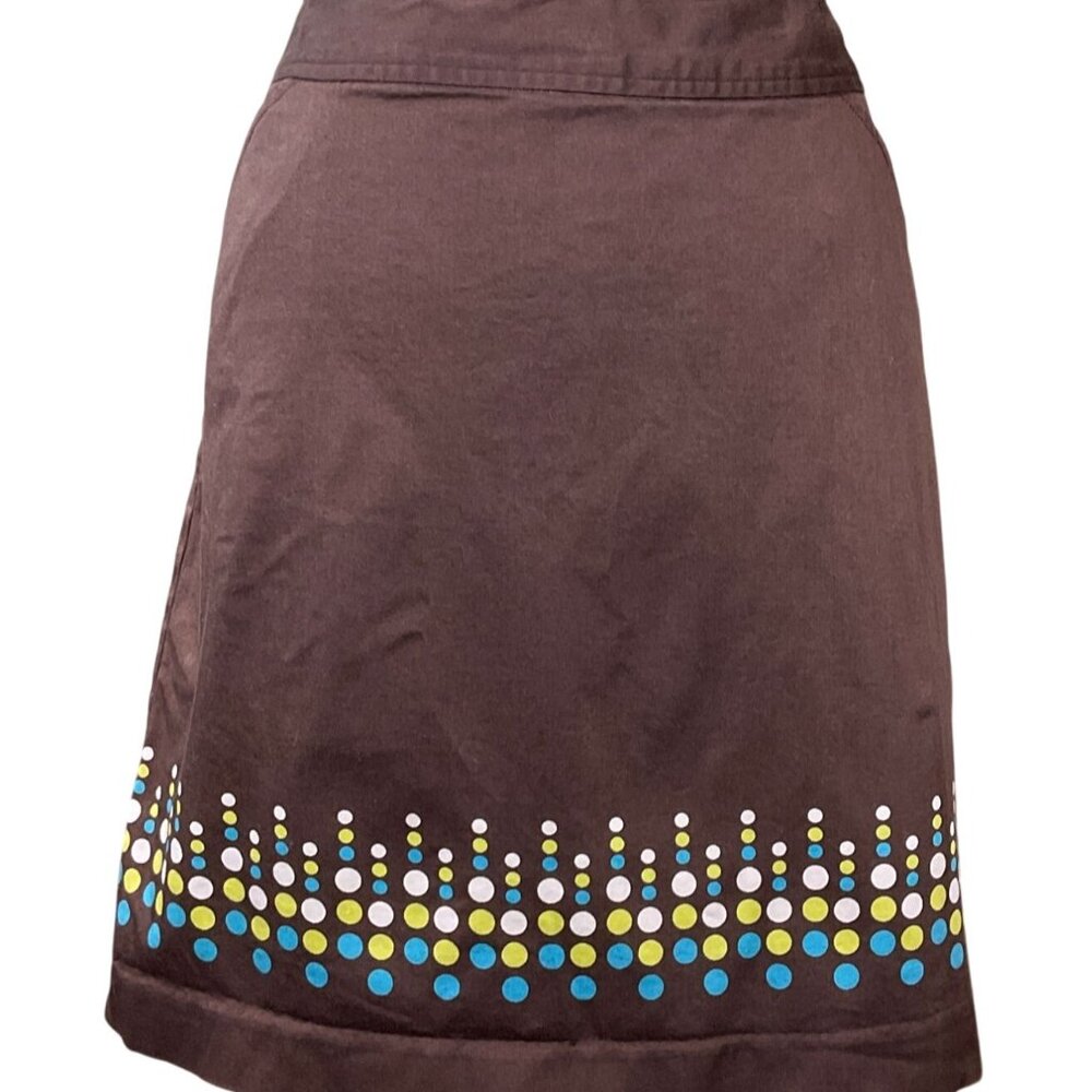 Geoffrey Beene Stretch VTG Brown Skirt Colorful Dot Border Hem Size 8